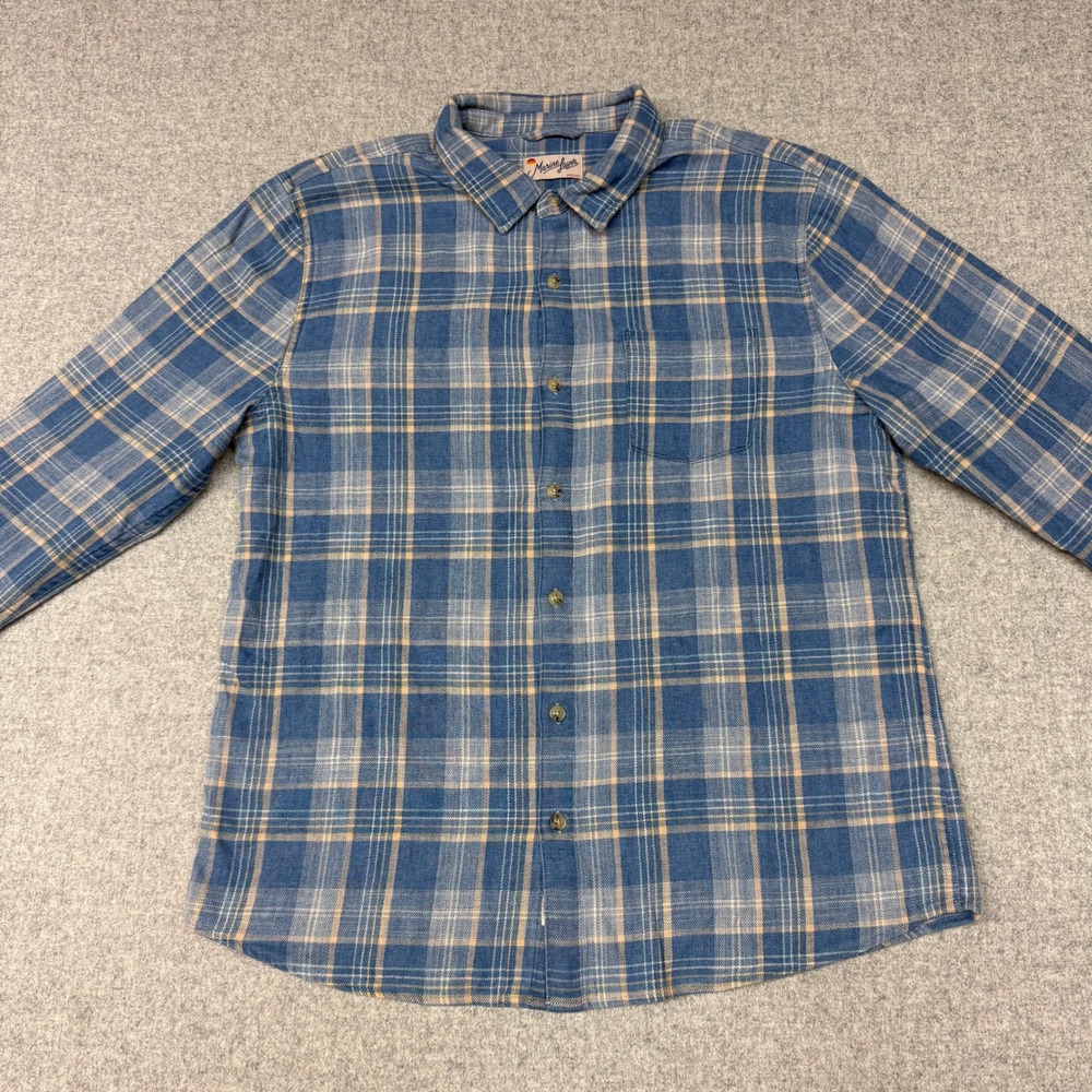Marine Layer Plaid Button Down Shirt Size Medium Blue Tan Long Sleeve Flannel